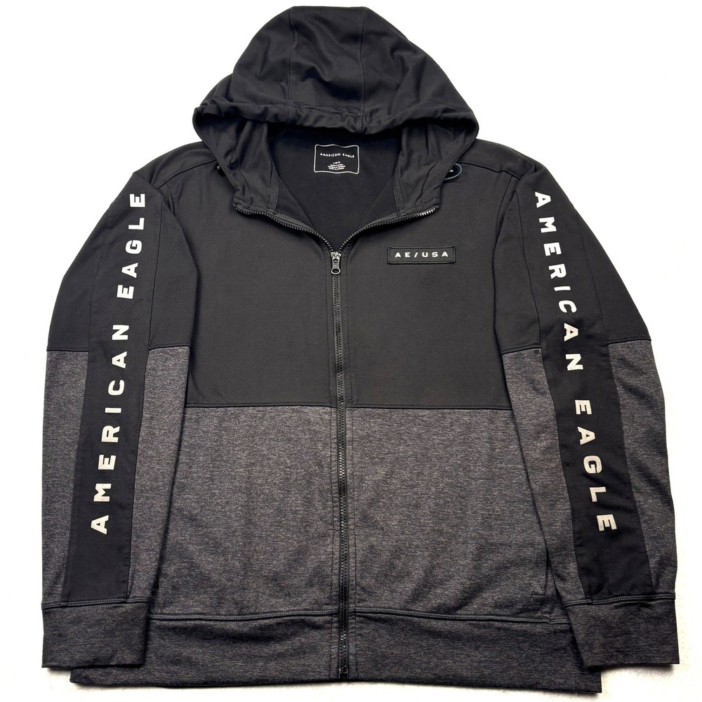 American Eagle Mens Large Black Gray Tech Fleece Full Zip Hoodie Jacket AE USA L